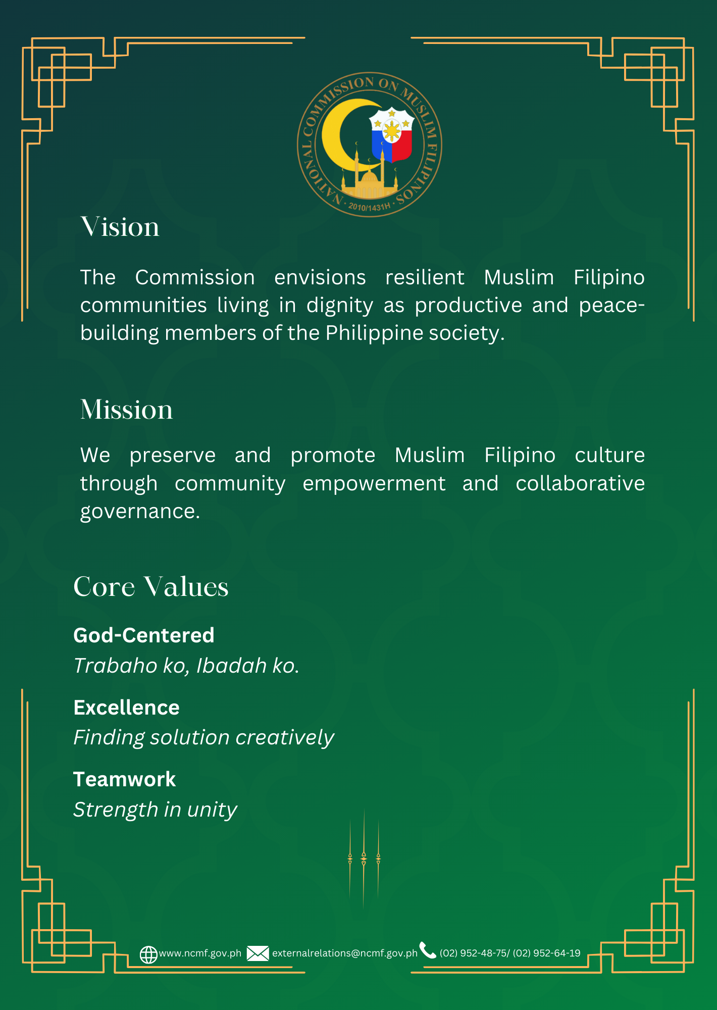 NCMF NCR Mission, Vision, and Core Values